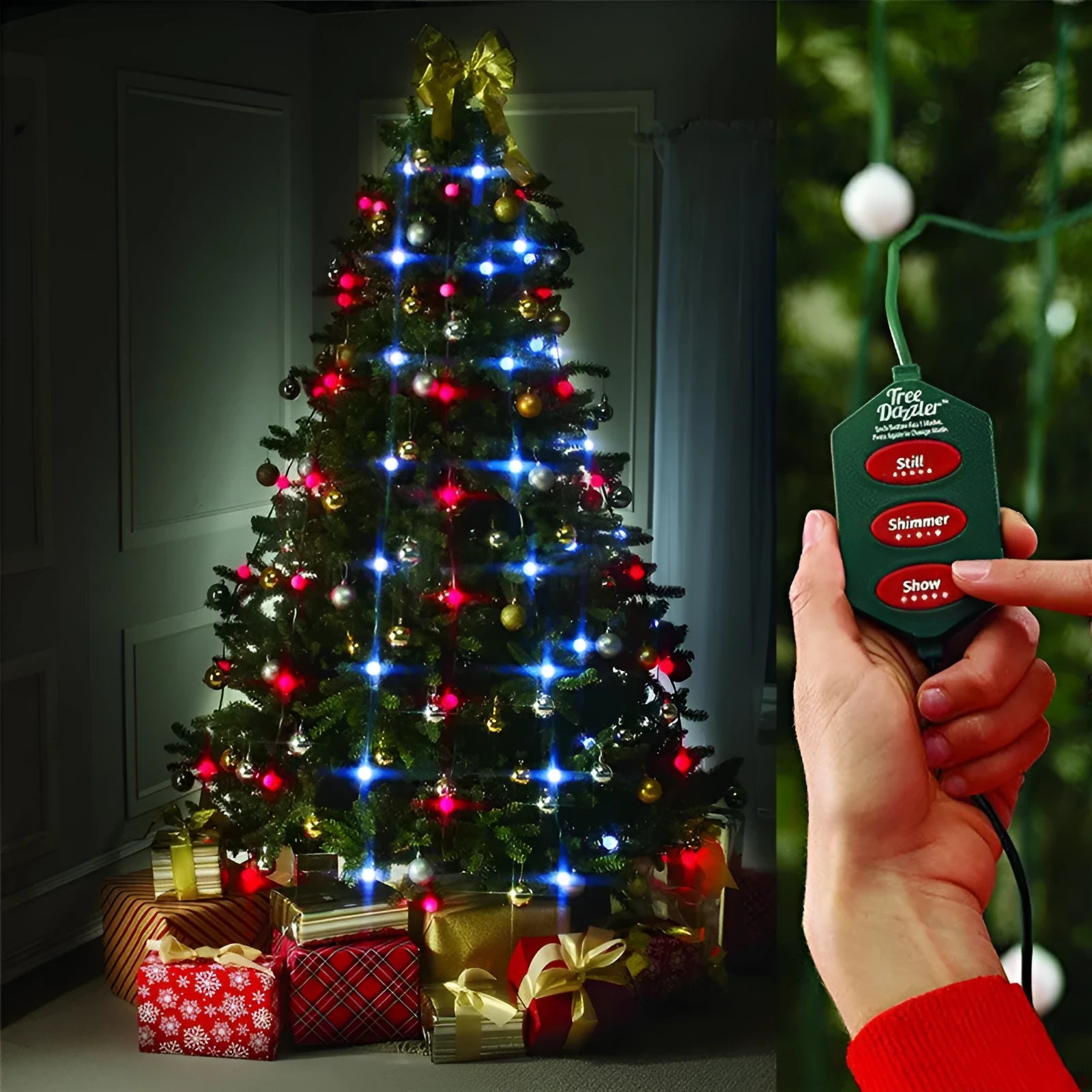 64 LED Christmas tree light string stretched out showing its 1.8 metre length and button control for dimming and colours.