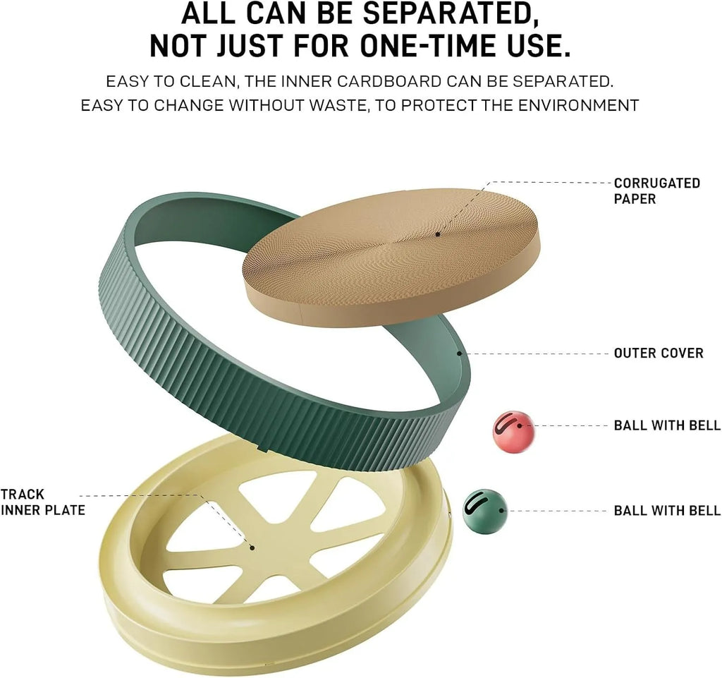 Large circular cat scratching board with ball toys and replaceable cardboard core