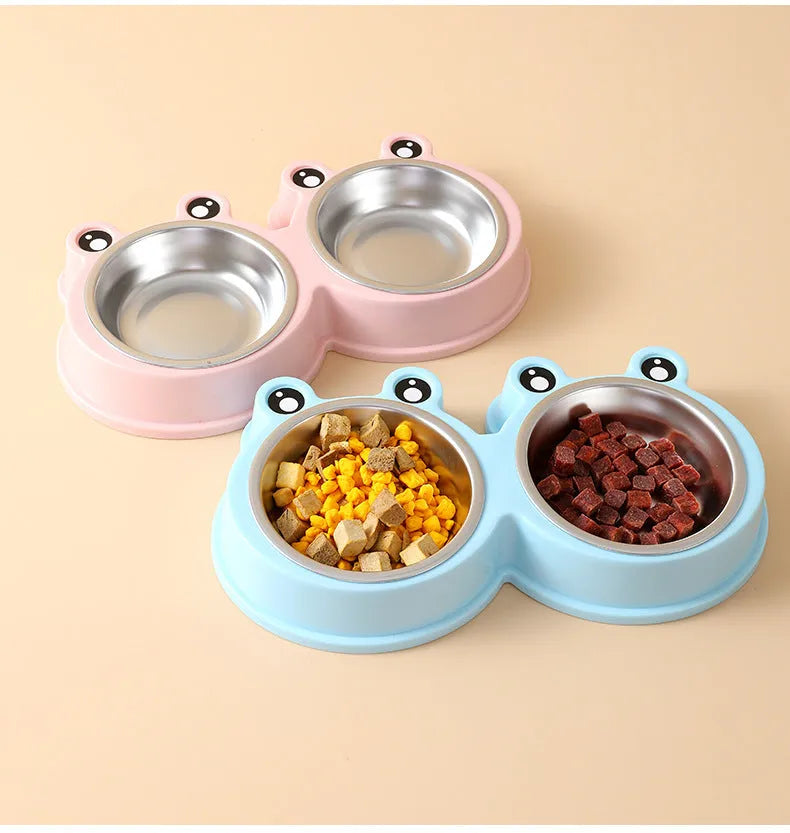 Stainless steel frog design pet bowl with separate food and water compartments in blue, green, and pink colour options