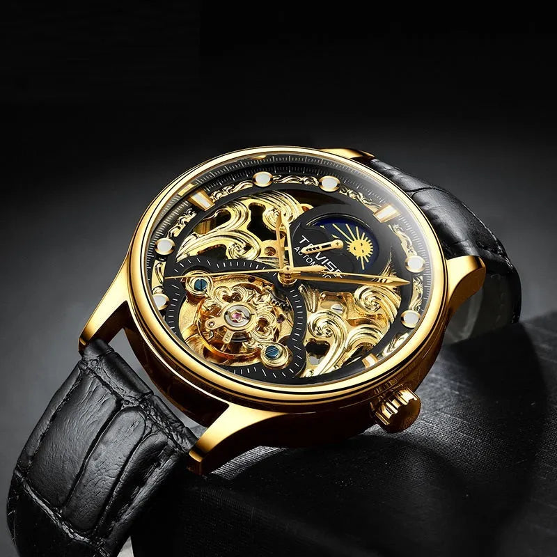 Men's gold leather strap automatic mechanical watch with waterproof case on wrist.
