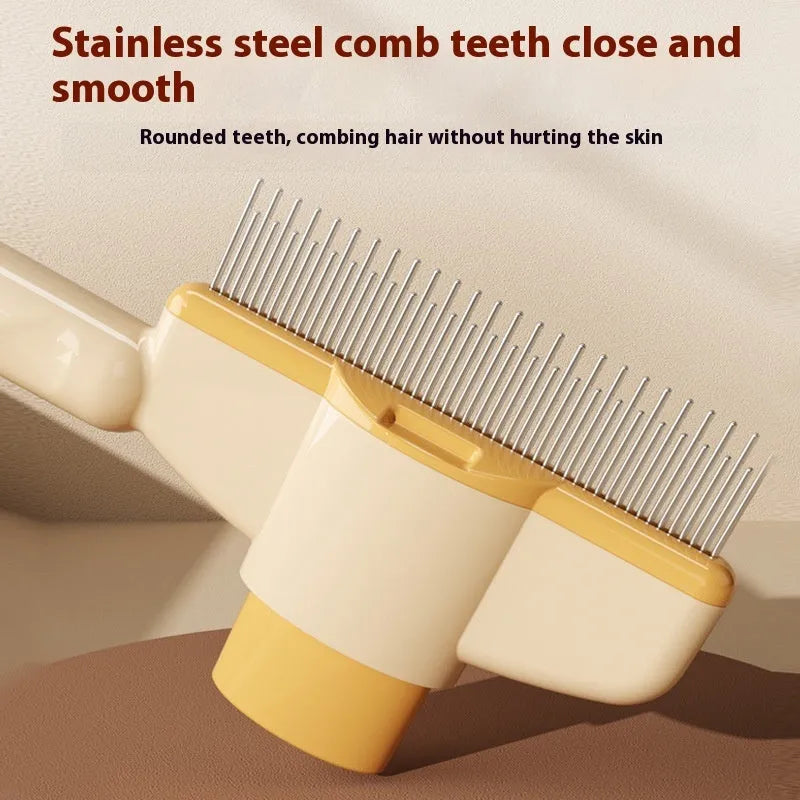 Green and yellow self-cleaning pet comb with stainless steel teeth and a release button on the handle.