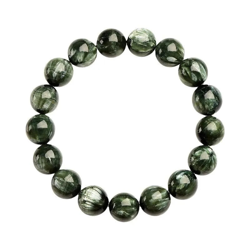 Green Dragon Crystal bracelet with round beads featuring Ruyi design elements.