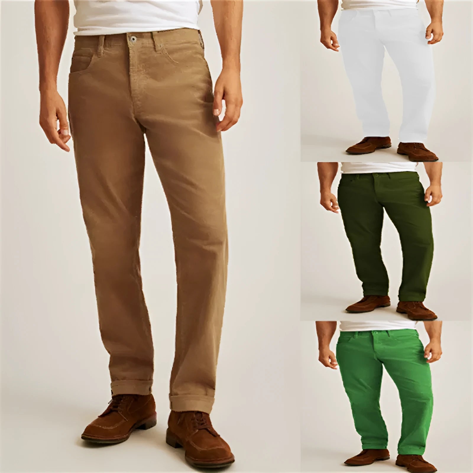 A pair of loose straight-leg corduroy trousers in an army green colour, laid flat.