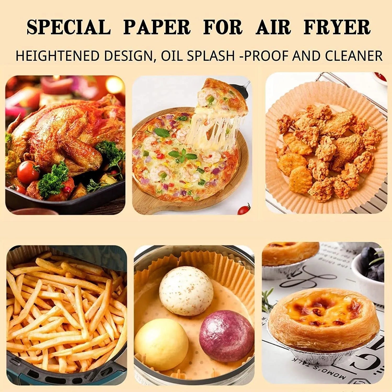 Round white disposable parchment paper liner for air fryer basket with raised edges.