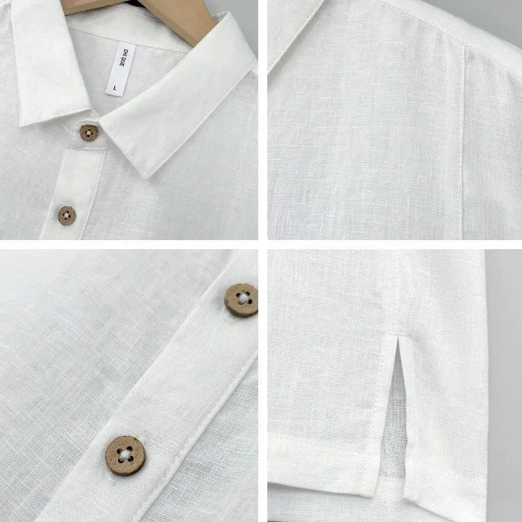 Men's light linen shirt with thin lapels and short sleeves in a loose summer fit.