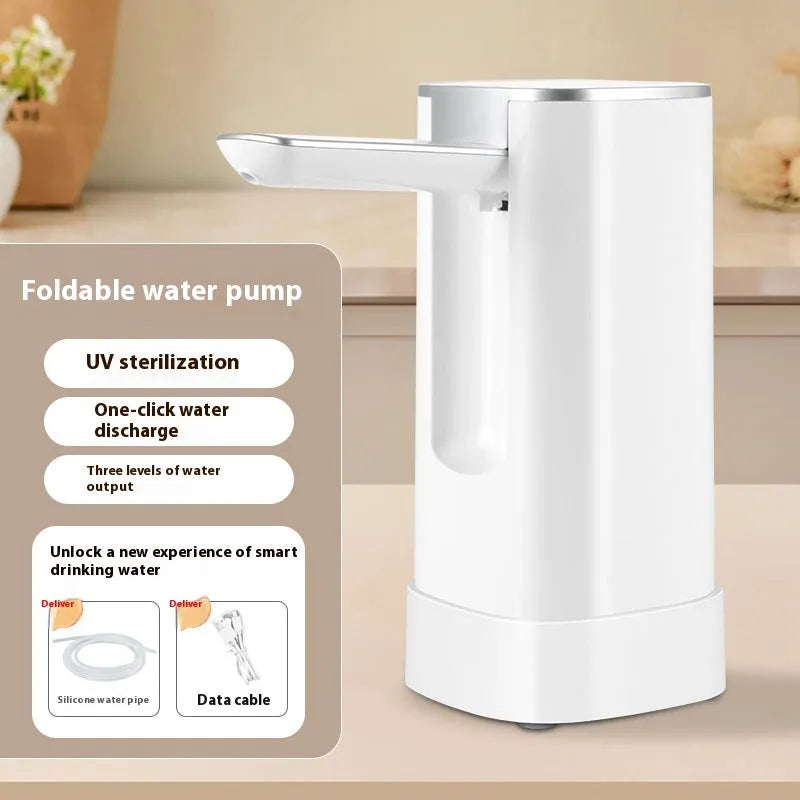 Bucket table folding water pump with LCD touch screen and ABS plastic body in white and black colour options.