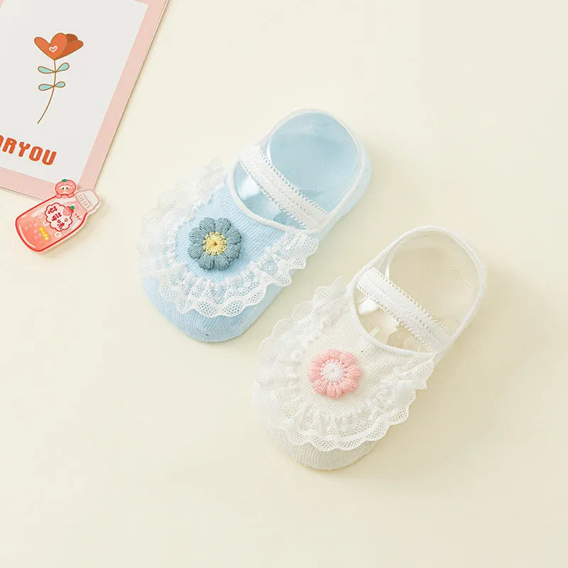Light blue milky white thin cotton non-slip ankle socks for baby girls with lace trim