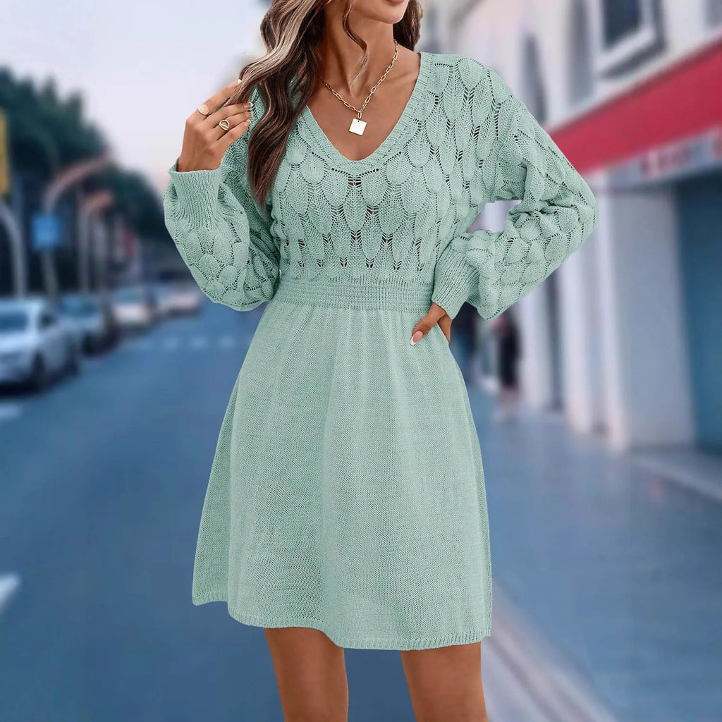 Women's apricot V-neck long sleeve beach dress with a 3D pattern and high waist.