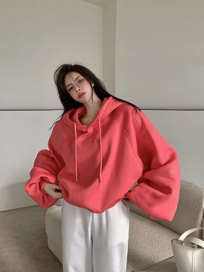 Watermelon red women's loose hooded sleeveless sweater made from mulberry silk.
