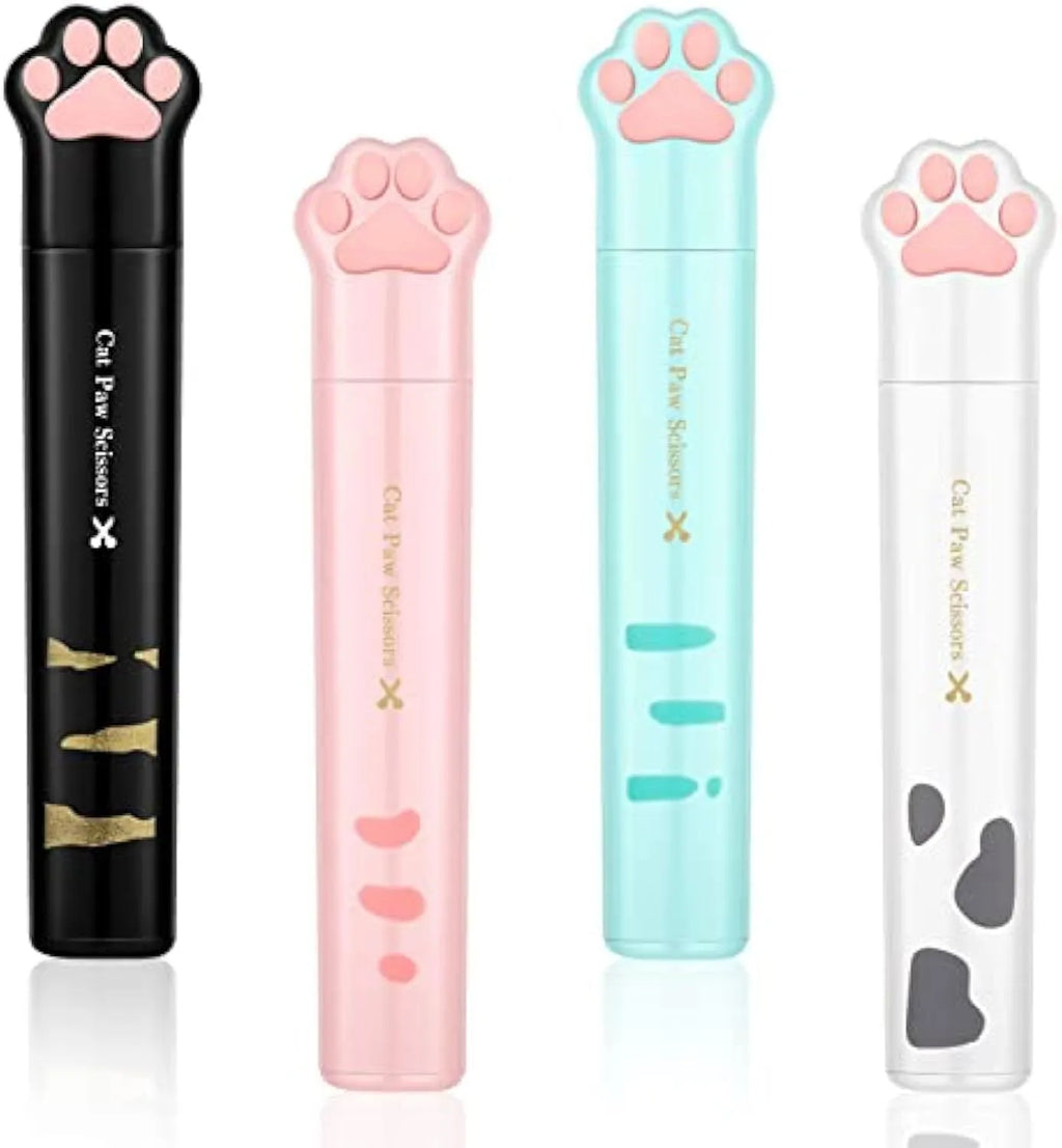 Cat paw design mini folding scissors in pink, showing stainless steel blades and compact size.
