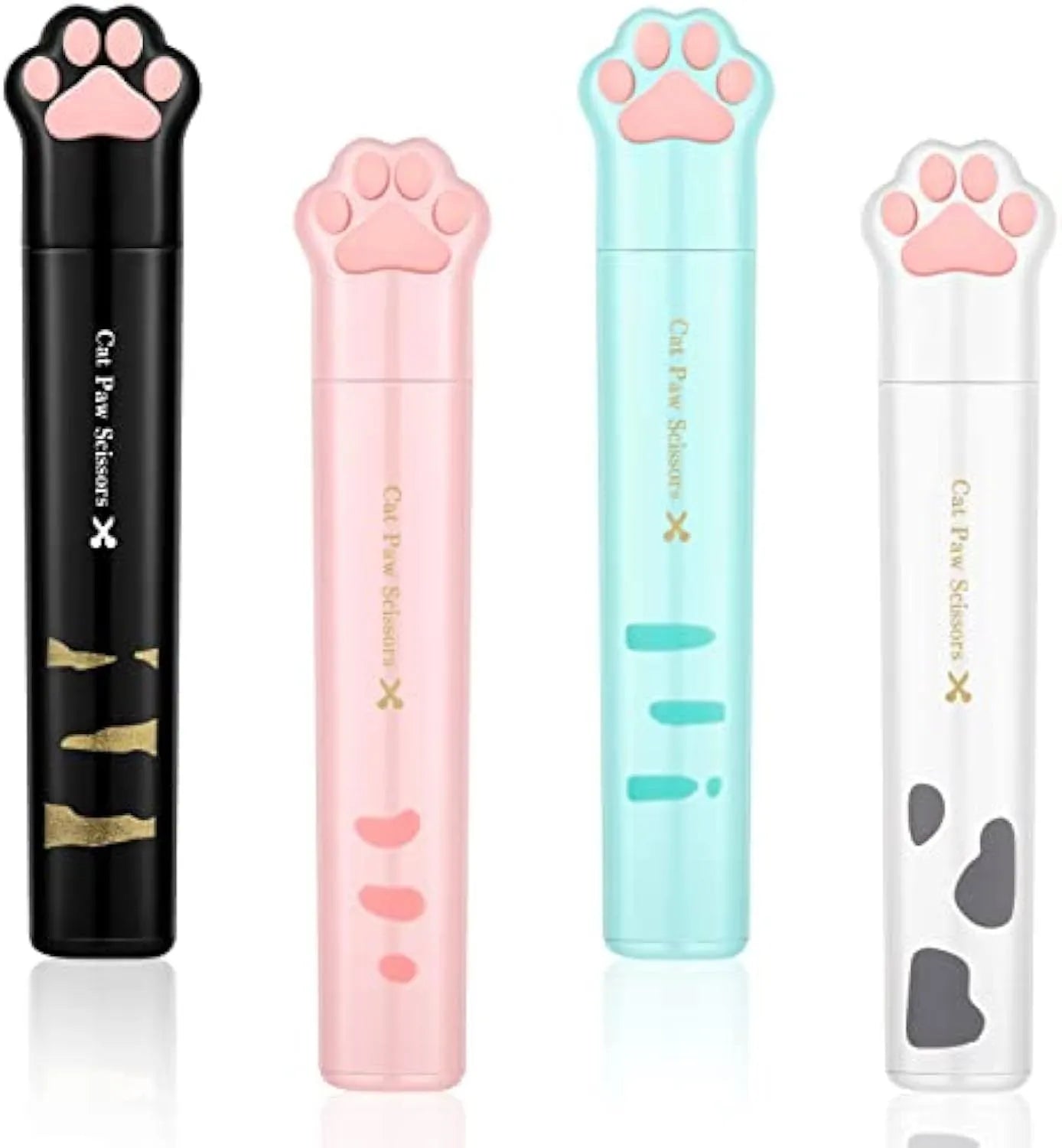 Cat paw design mini folding scissors in pink, showing stainless steel blades and compact size.