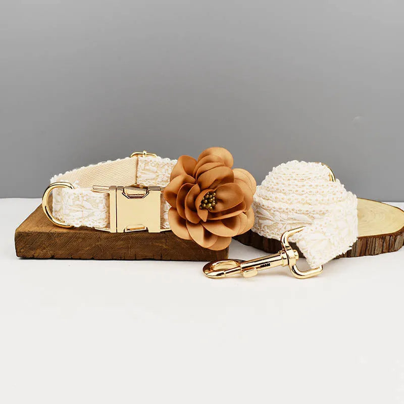 Four-piece dog wedding accessory set with lace collar vest, matching leash, and decorative flowers