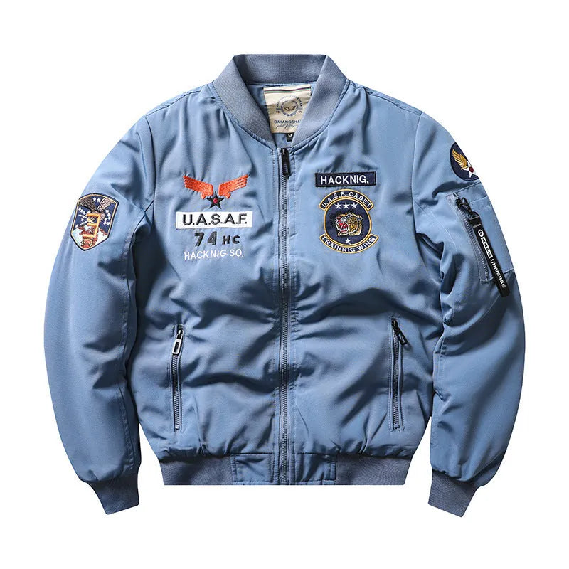 Men's blue retro Harley Davidson motorcycle coat with embroidered patches and stand collar