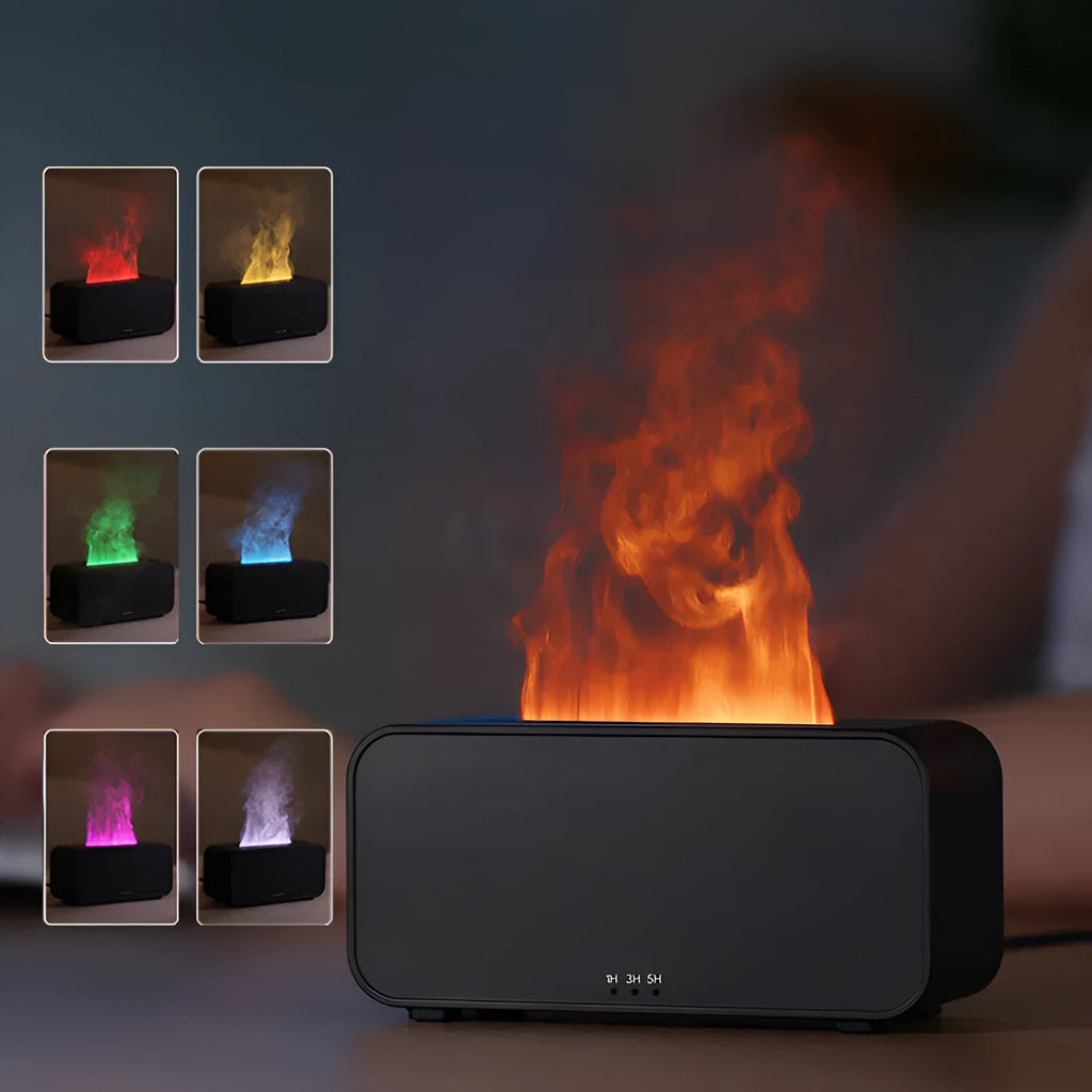 White USB aroma diffuser humidifier with simulated flame and jellyfish smoke ring effects on a table