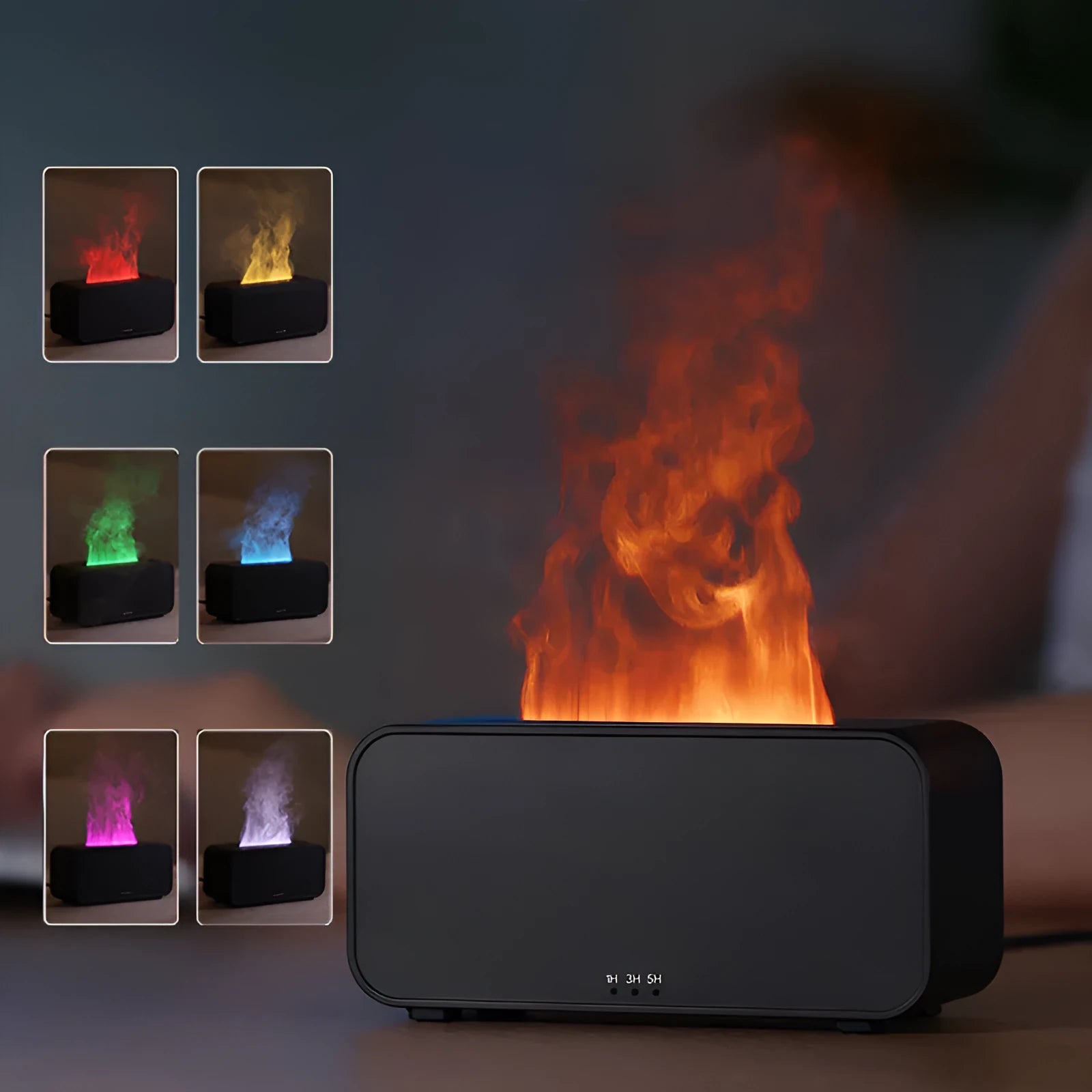 White USB aroma diffuser humidifier with simulated flame and jellyfish smoke ring effects on a table
