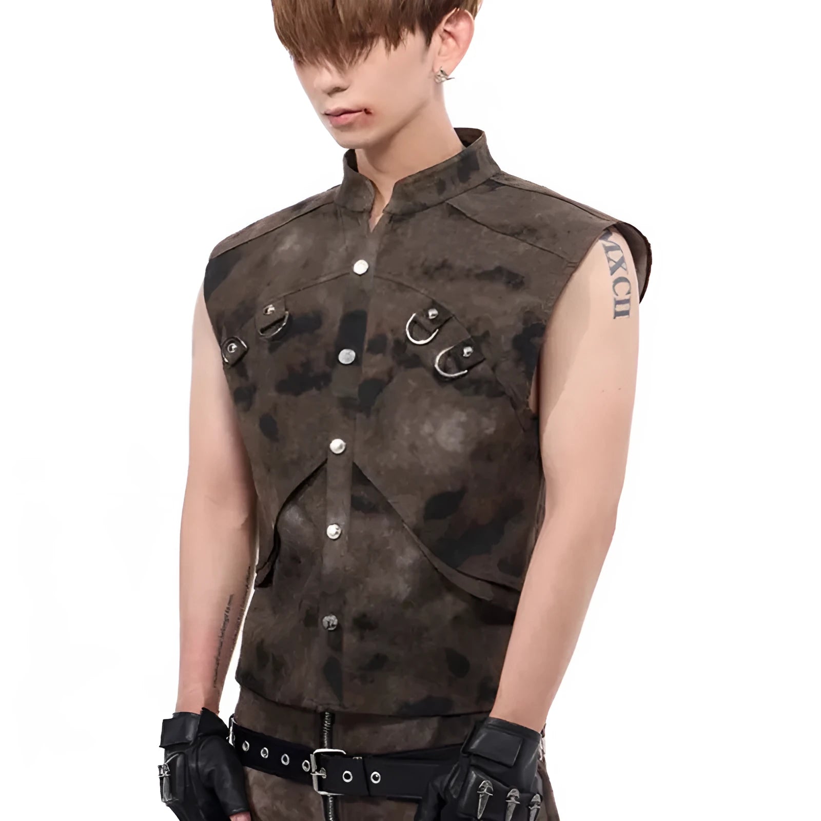 American retro camouflage denim vest and trousers set with semi-high collar and button front