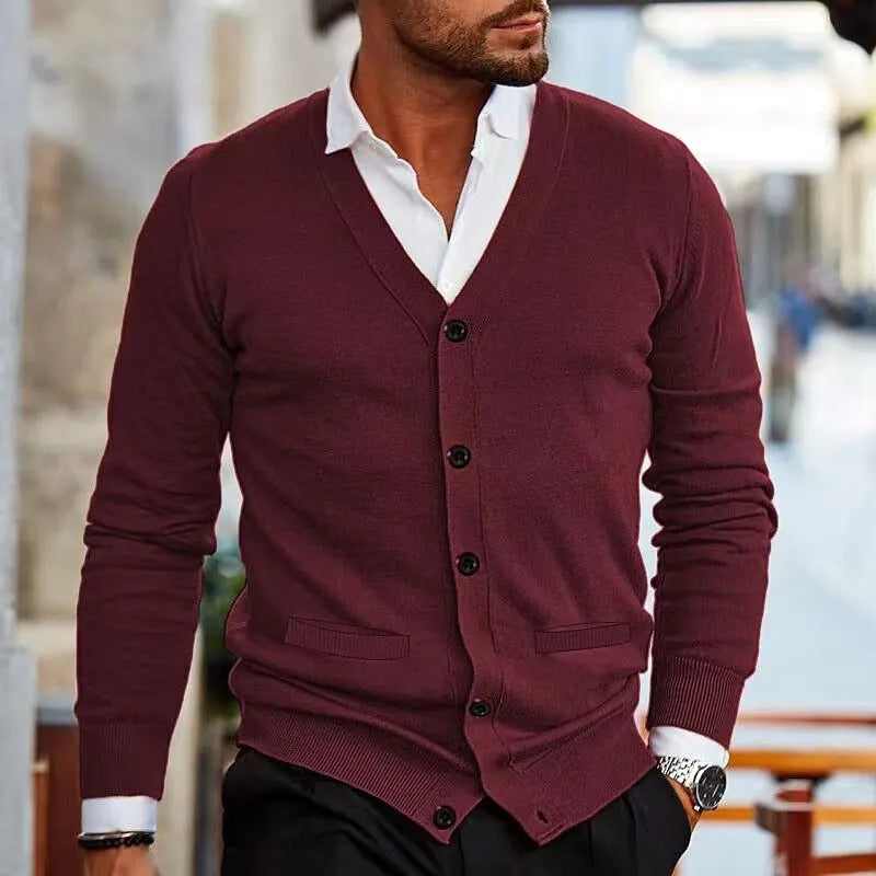 Men's slim fit acrylic cardigan sweater in wine red colour on a hanger.