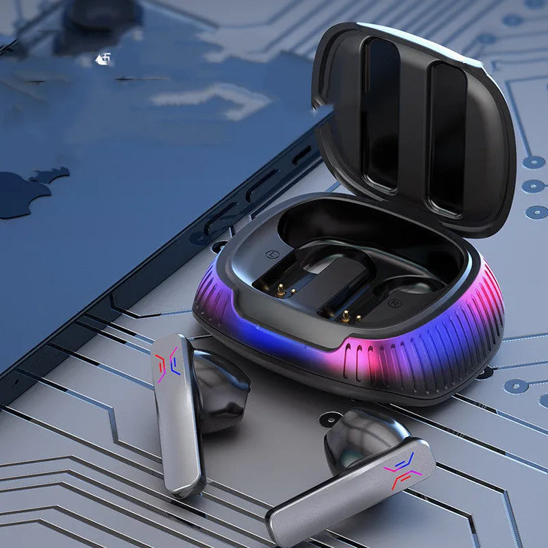 Hall Flashing black wireless gaming earbud with a Type-C cable on a dark surface.