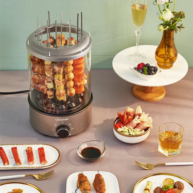 Household electric barbecue oven with automatic rotation, 210mm diameter, 1100W, on a kitchen counter