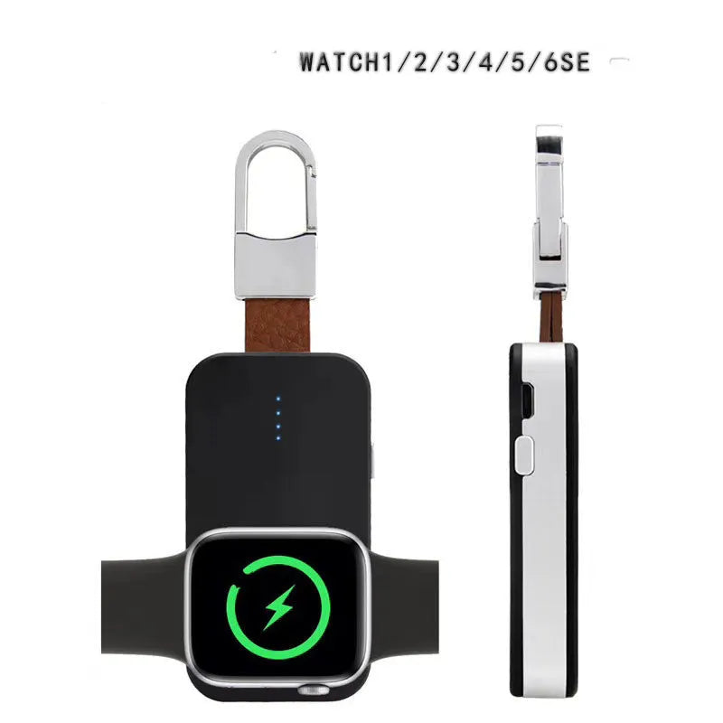 Black portable Apple Watch wireless charger power bank on a keychain.