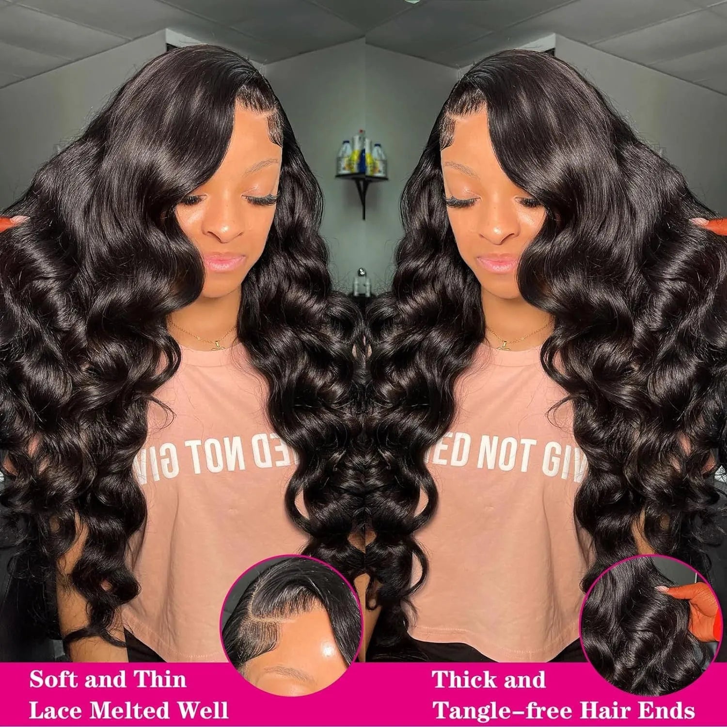 Black medium-long curly synthetic wig with lace mesh base showing defined wave pattern