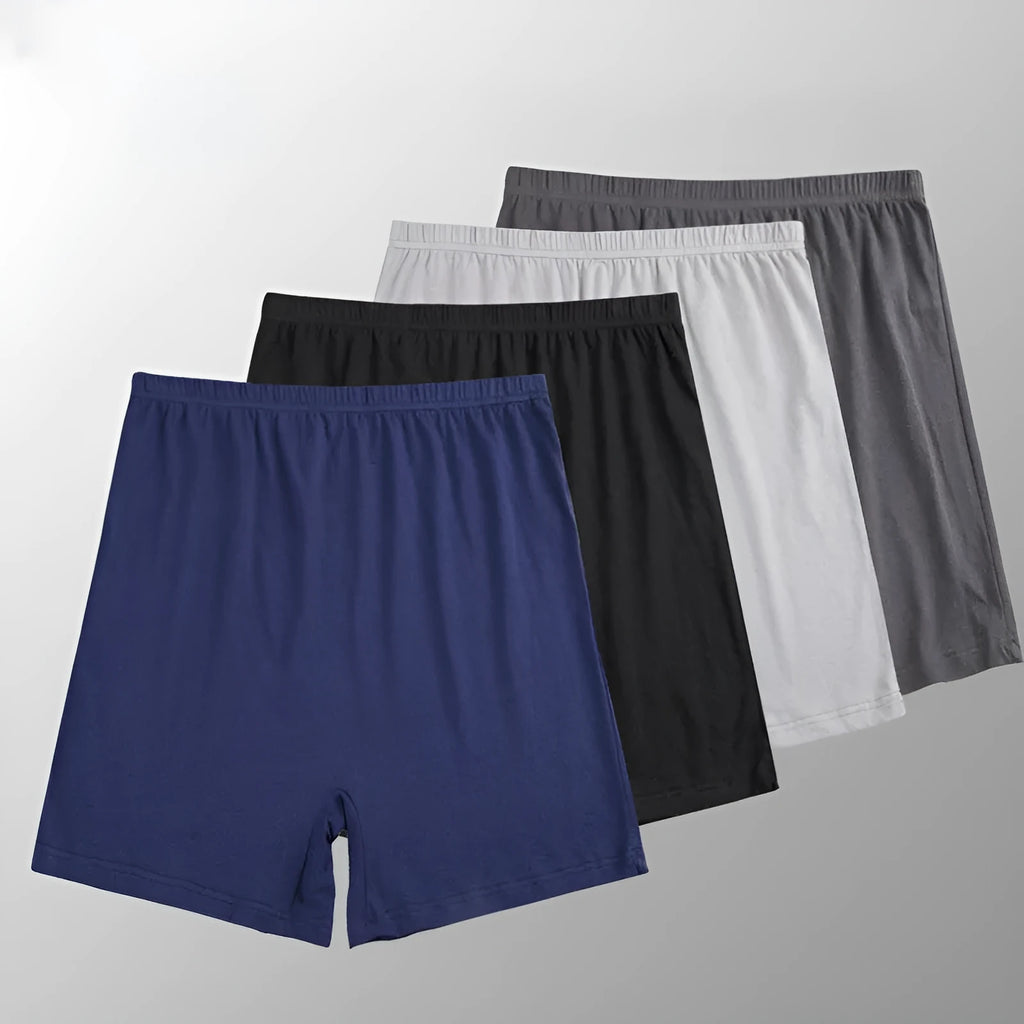Men's solid colour modal boxers with a high waist, shown in black, blue, grey, and brown.