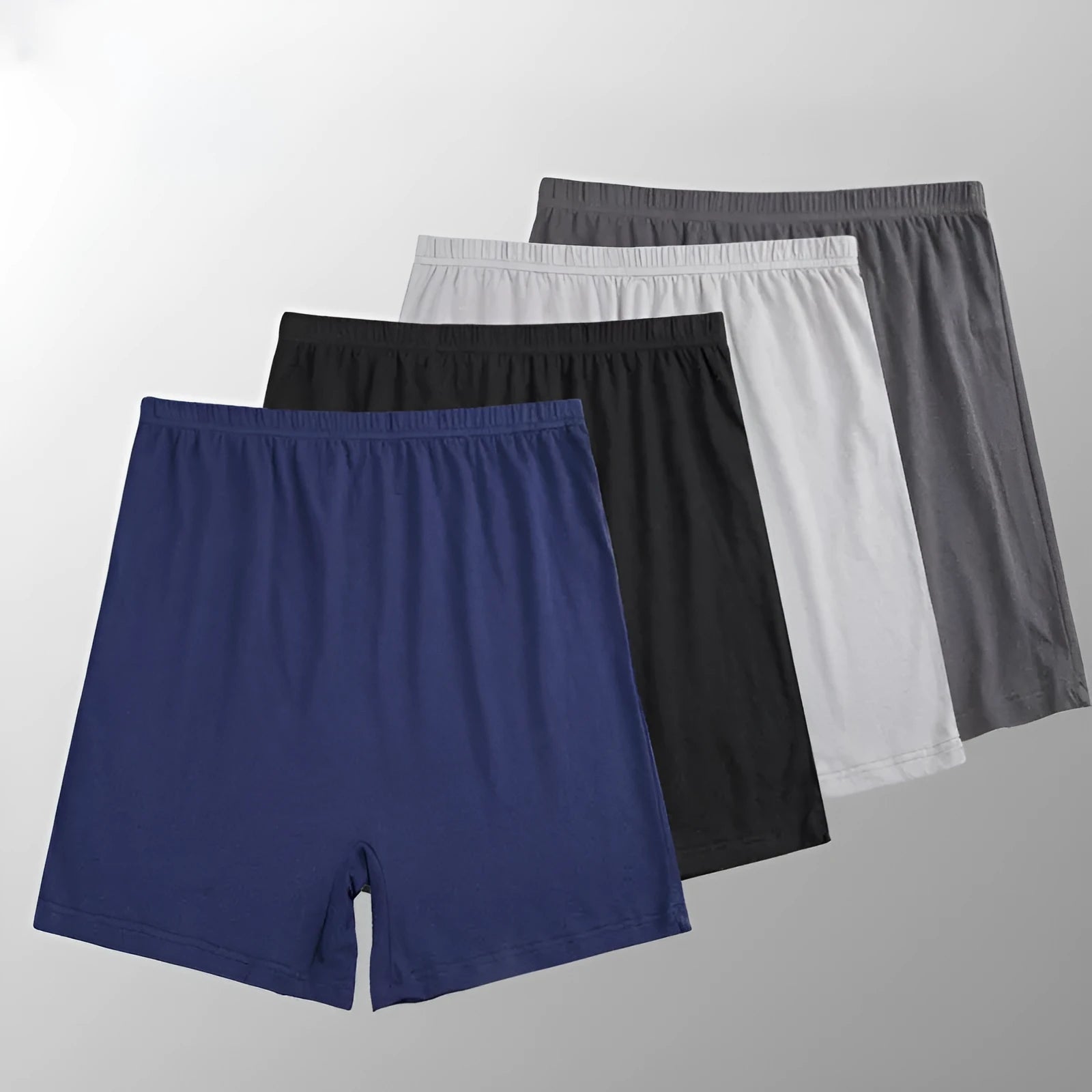 Men's solid colour modal boxers with a high waist, shown in black, blue, grey, and brown.