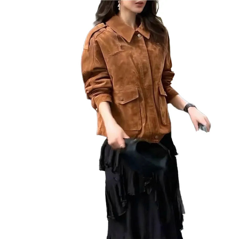 Women's suede-look coat in street chic style with regular sleeves in brown colour
