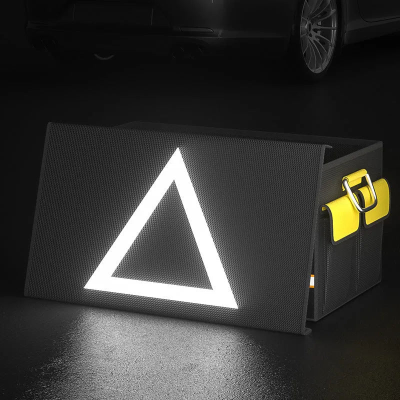 Black and yellow foldable fabric car trunk storage organiser bag with carry handle.