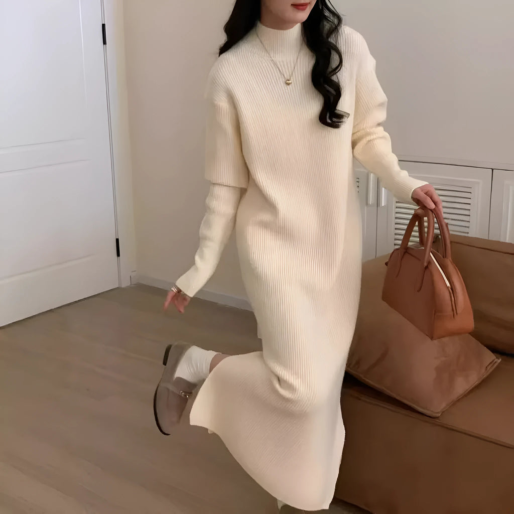 Woman wearing a milky white half turtleneck acrylic knit dress with a high waist and overknee A-line skirt.