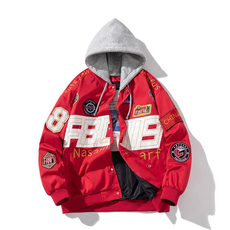 Motorcycle baseball uniform jacket in black, red or blue with removable hood options