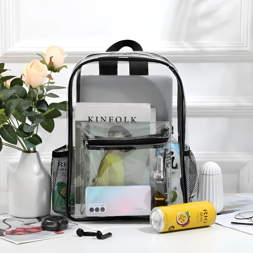 Transparent large PVC travel backpack in sapphire blue colour, showing interior contents.