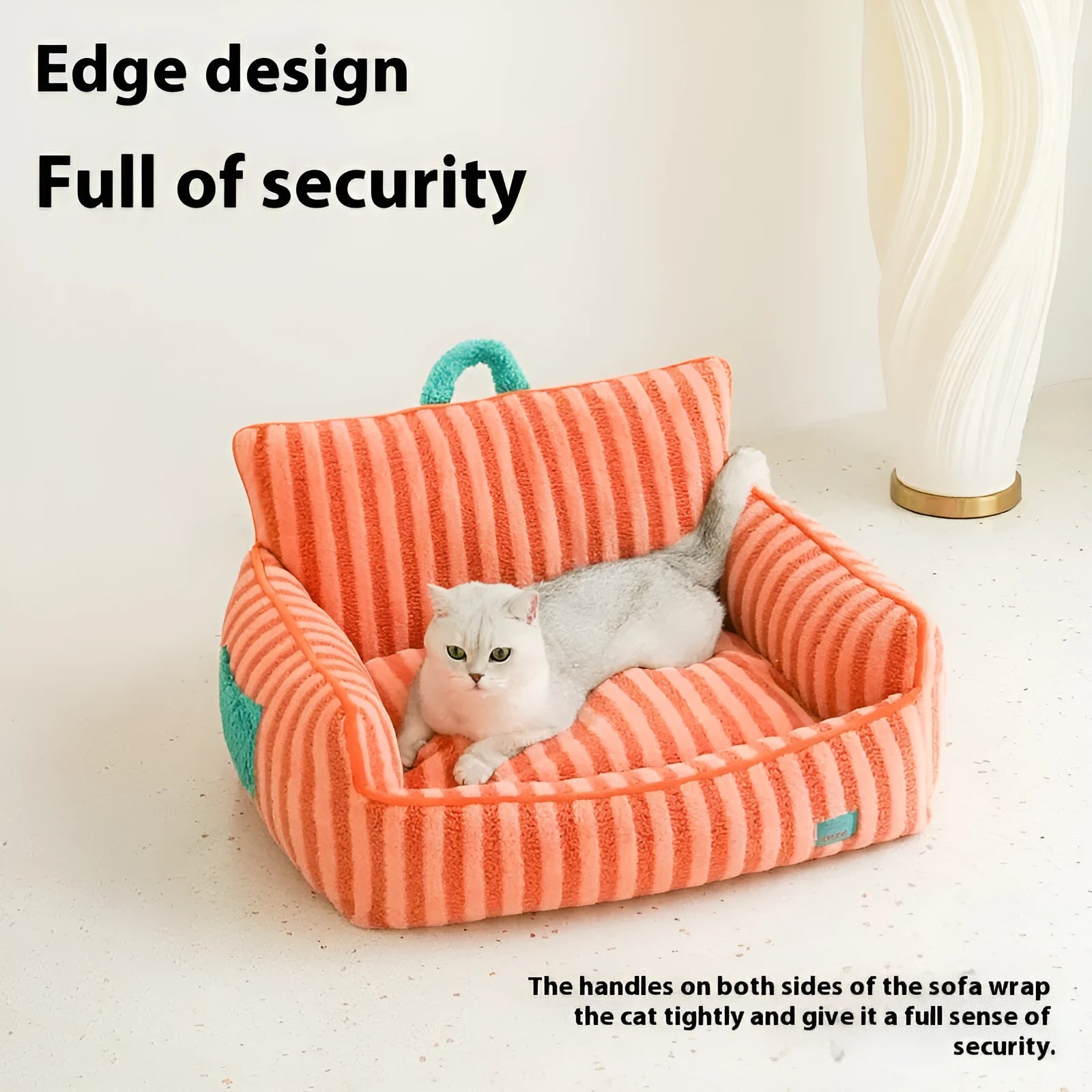 Striped velvet dog bed with removable cover in orange, purple or yellow colour