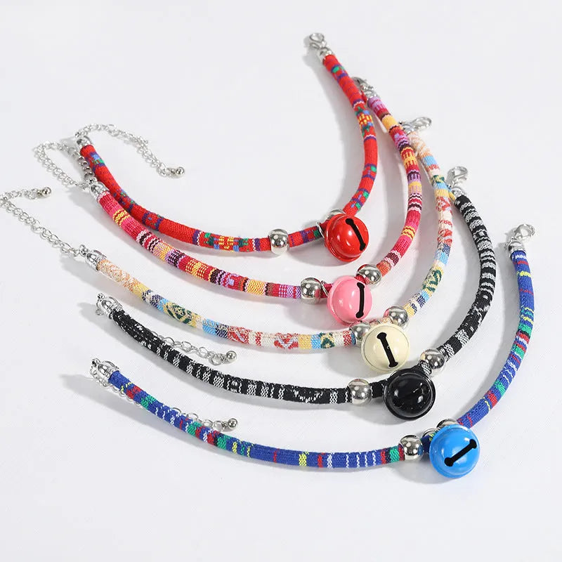 Ethnic pattern pet collar with jingle bell in multiple colour options