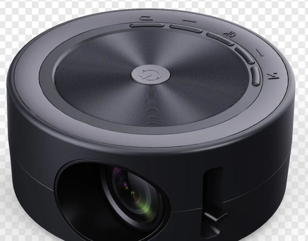 YT200 portable LED projector in black, white, yellow and white, or blue and white colours with remote control