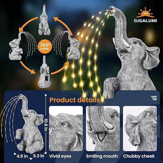 Resin elephant outdoor garden statue with LED lighting and IP65 weather protection rating