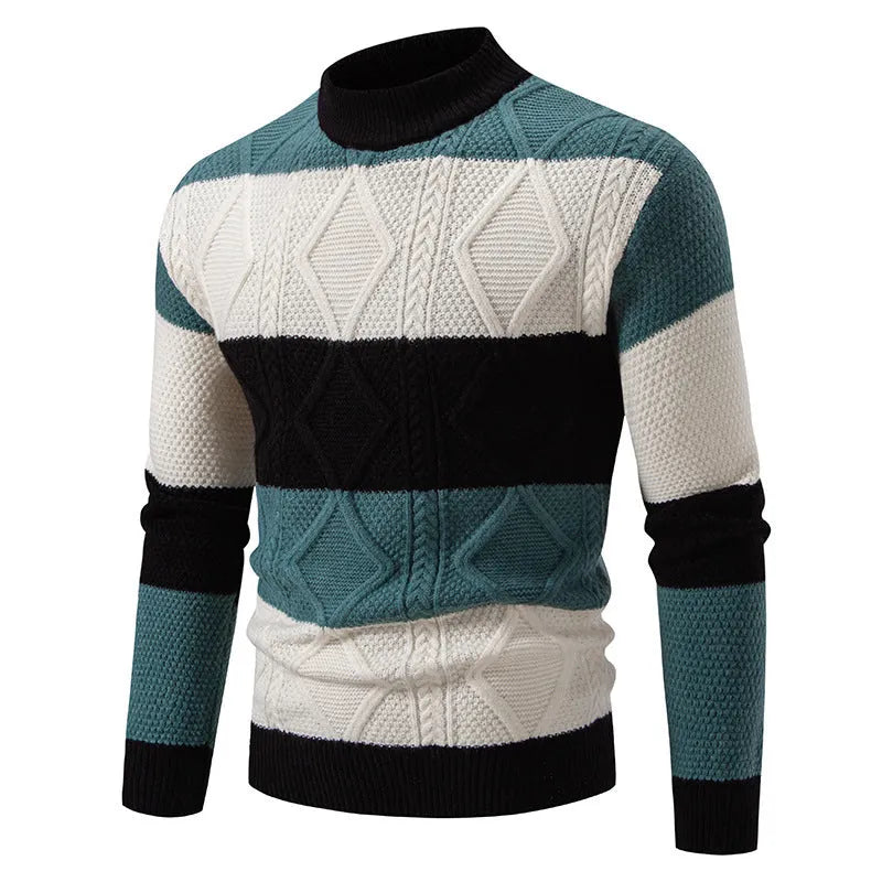 Men's fall winter colour block rhombus twisted pullover sweater in black khaki white loose fit long sleeve polyester blend