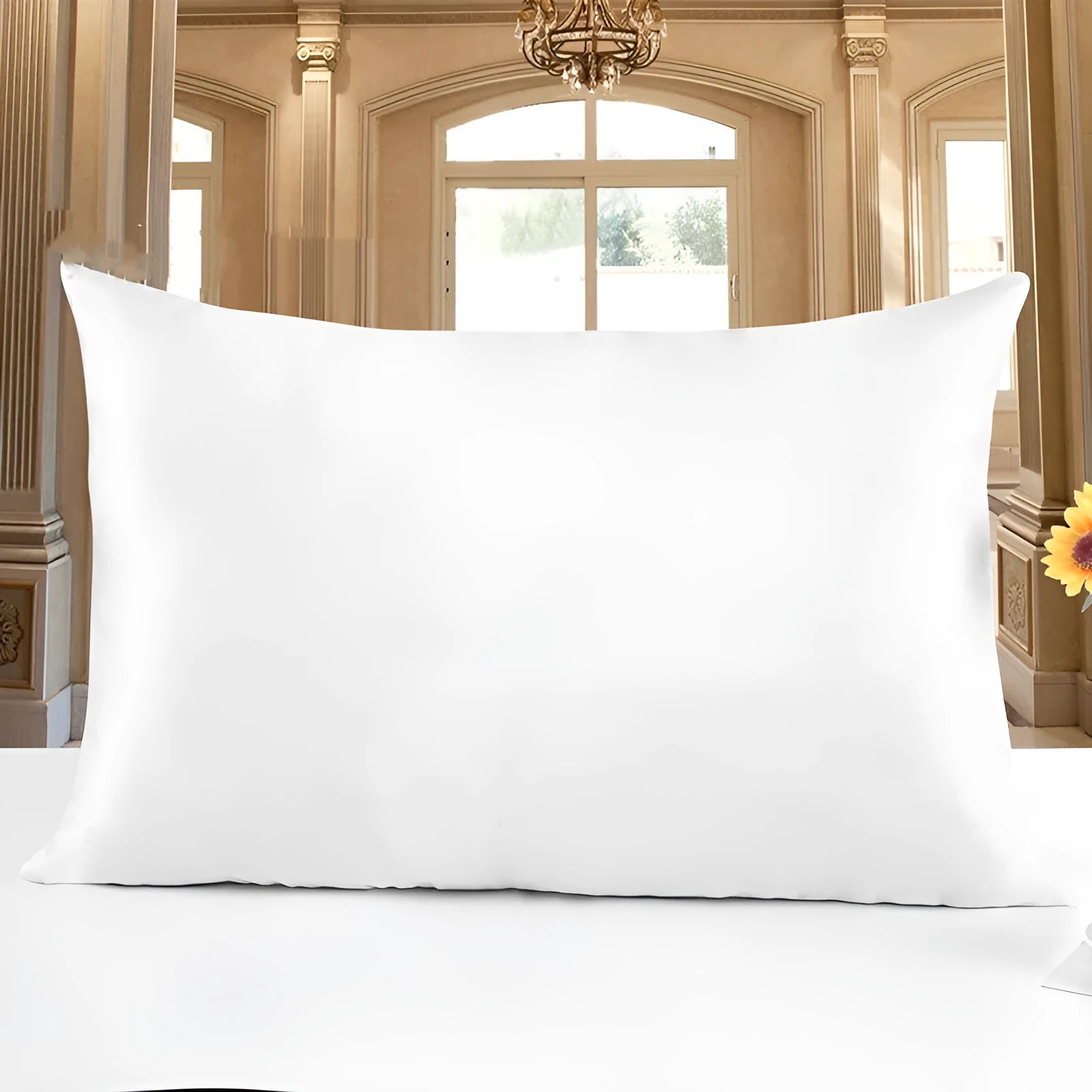 19 M double-sided silk pillowcase shown in one of 14 available colours, including apricot, sky blue, and black.