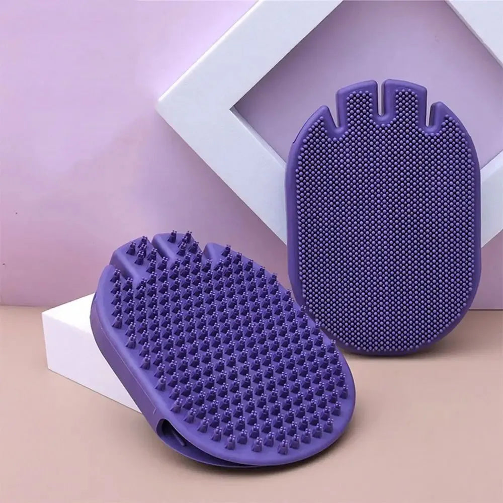 Purple pet shampoo brush with silicone bristles for dog and cat grooming during bathing