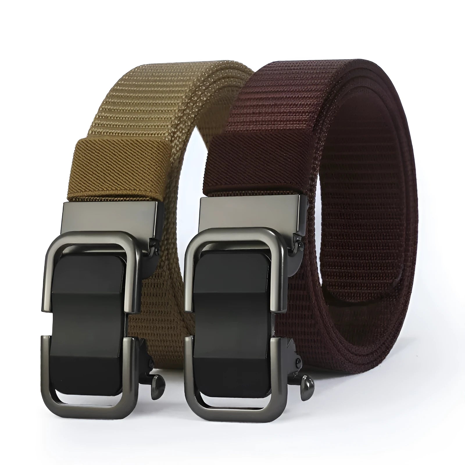 Men's nylon canvas belt showing alloy buckle, available in multiple colours including Army Green, black and blue
