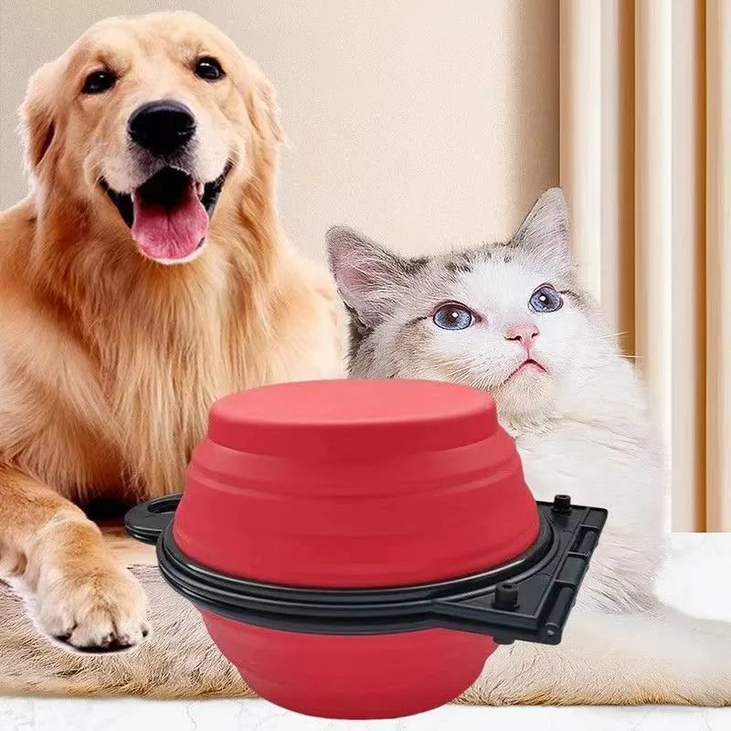 Silicone folding double pet bowl set in various colours showing unfolded feeding position