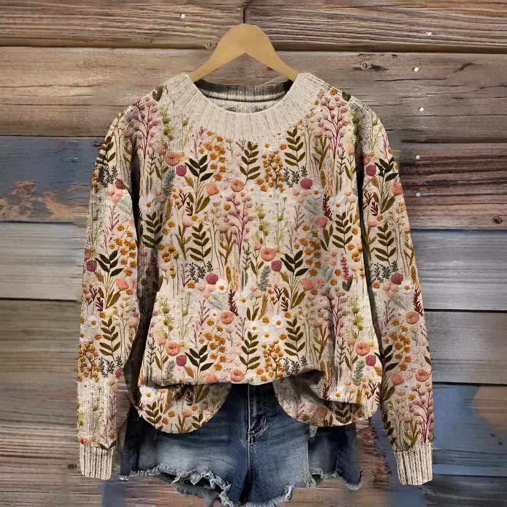Women's little flower digital print round neck long sleeve sweater in a blue colour variant.