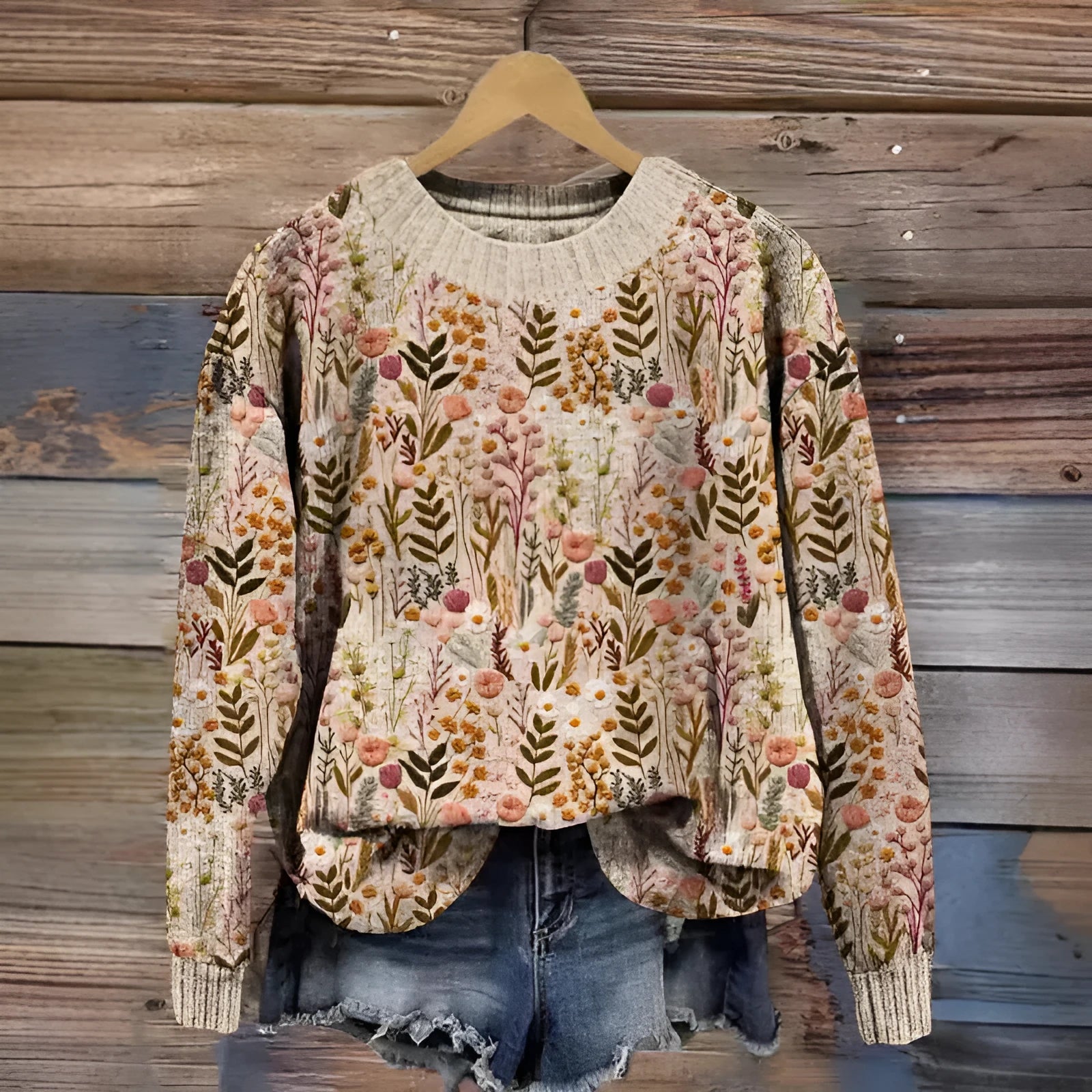 Women's little flower digital print round neck long sleeve sweater in a blue colour variant.