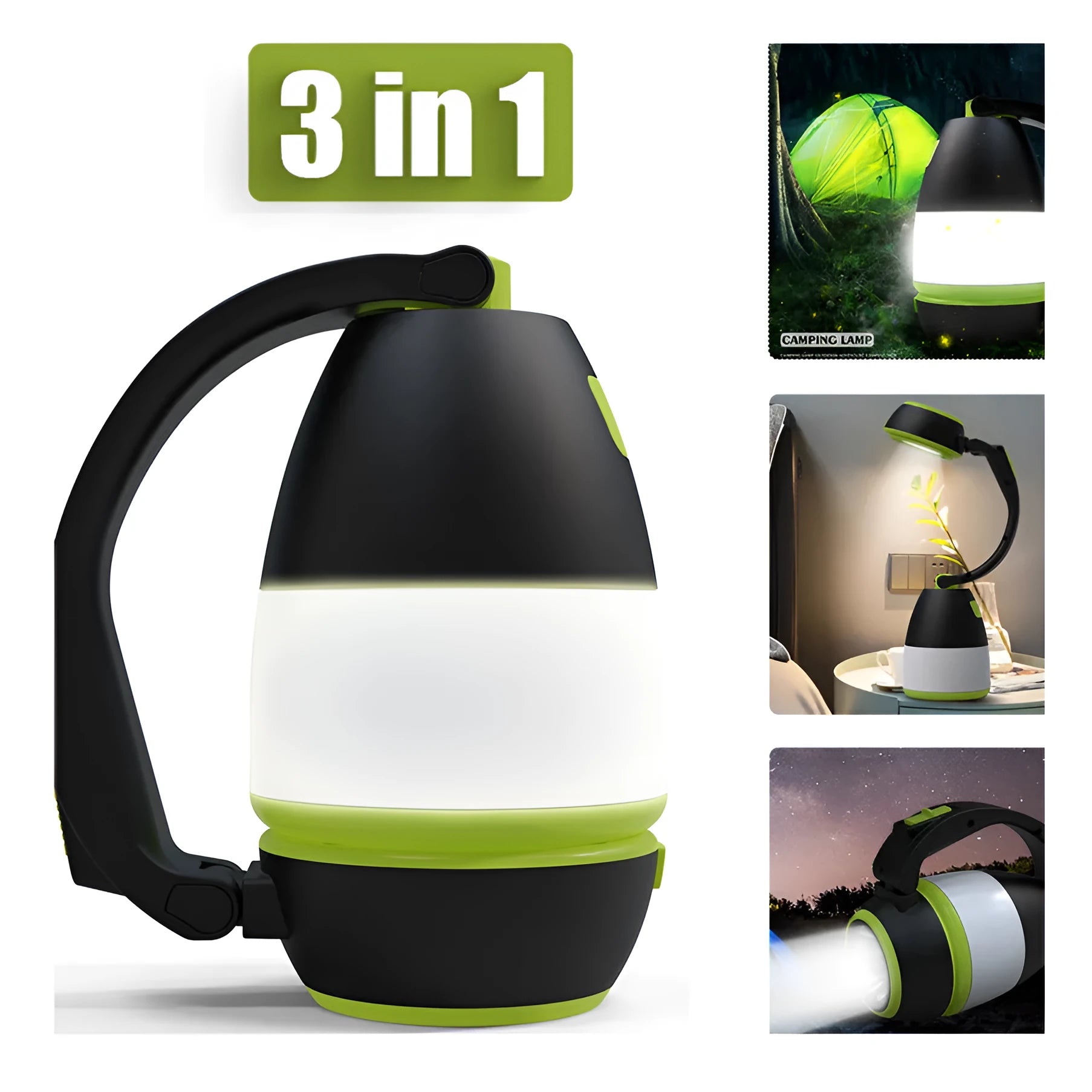 Black green multifunctional LED lamp with adjustable angle lighting and USB charging port