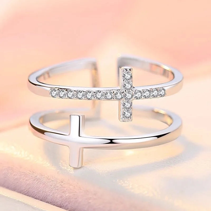 Women's adjustable double cross ring with miniature zircon stone in gold plating