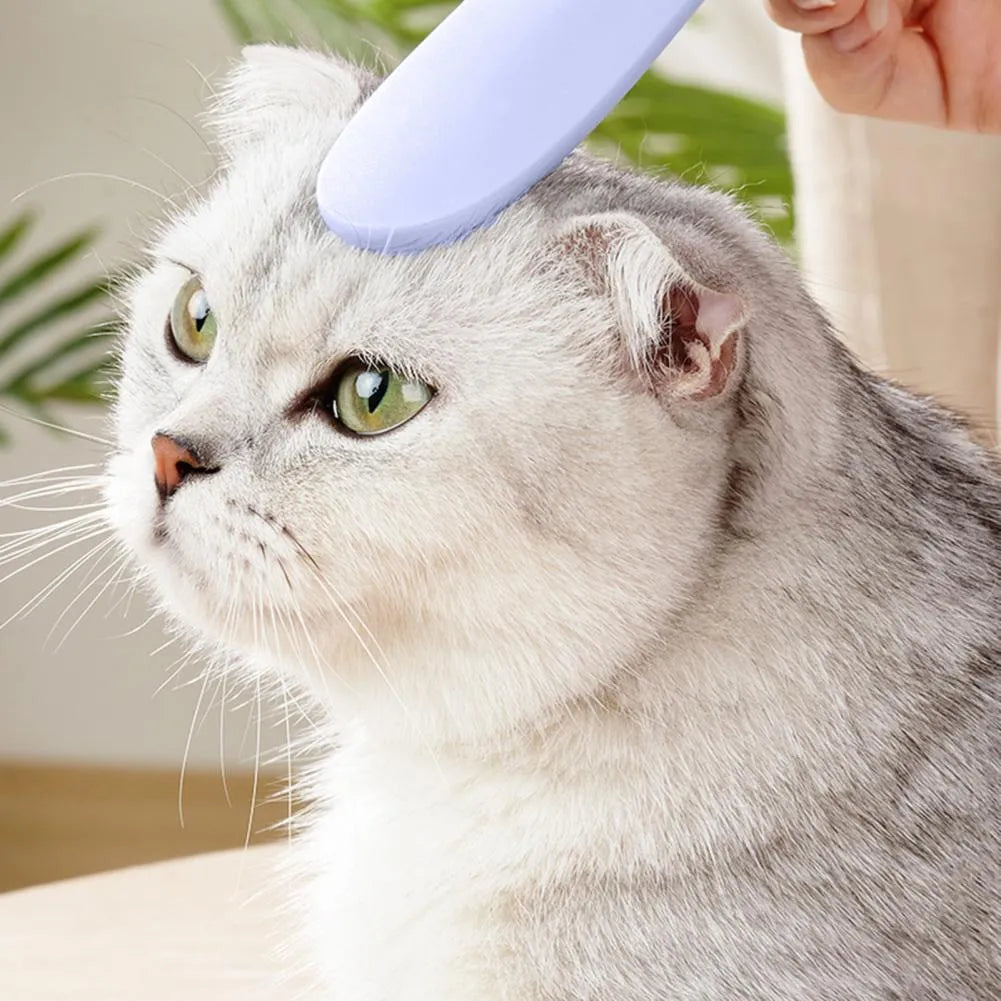 Grey cat grooming comb with dual-ended design and tongue texture surface