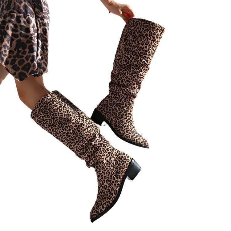 Brown leopard print women's boots with a chunky square heel and high cylinder shaft.