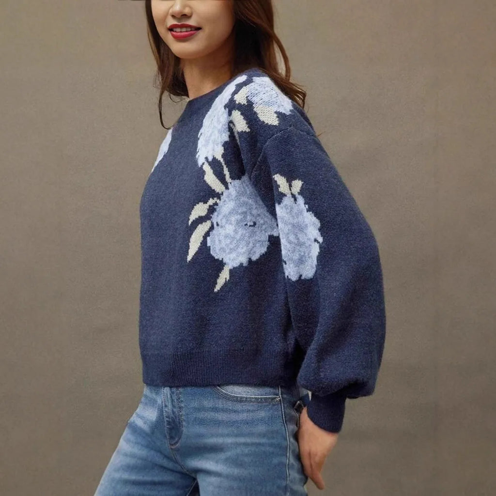 Sapphire Blue women's pullover with flower jacquard pattern, loose casual style with regular sleeves