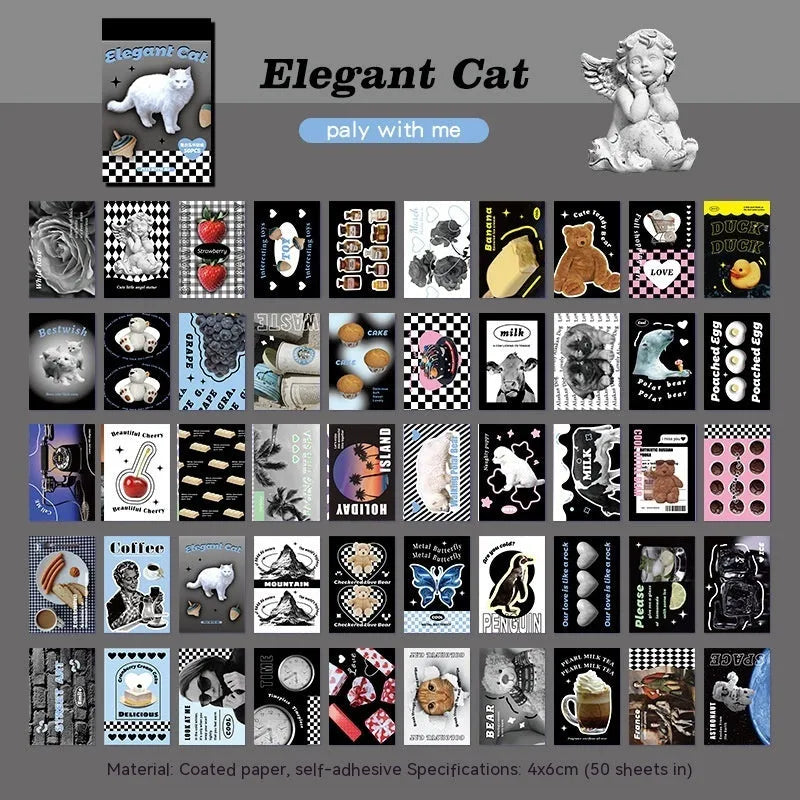 Cartoon mini sticker book open showing 4x6cm adhesive sheets in various colours on copper board paper.