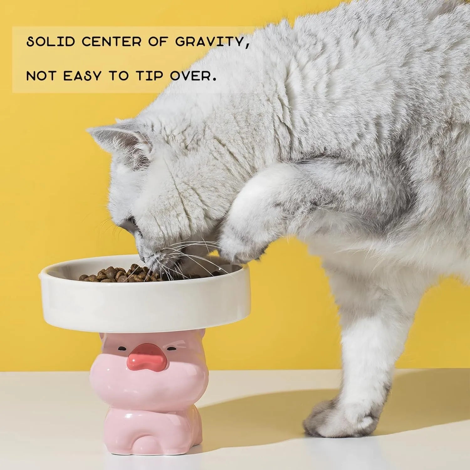 Ceramic raised cat bowl with animal design showing 12.5 cm height and 15 cm width